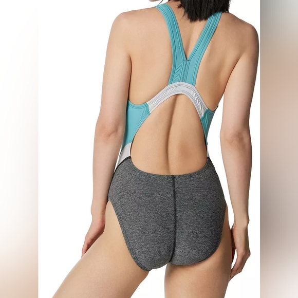 Speedo WomenActive Quantum Fusion Splice Gray/Aqua One-Piece Swimsuit Size 6 - Picture 3 of 10